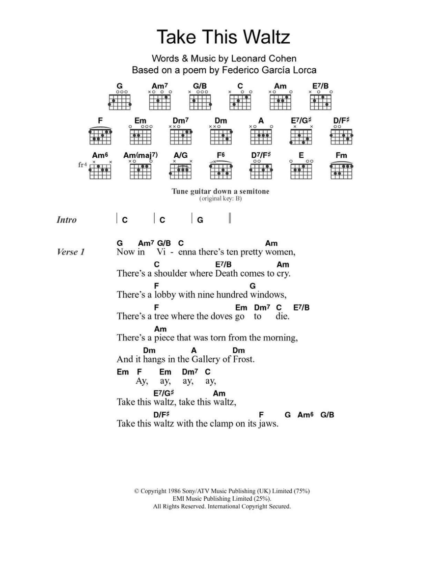 Take This Waltz Easy Guitar scores gallery preview page 1