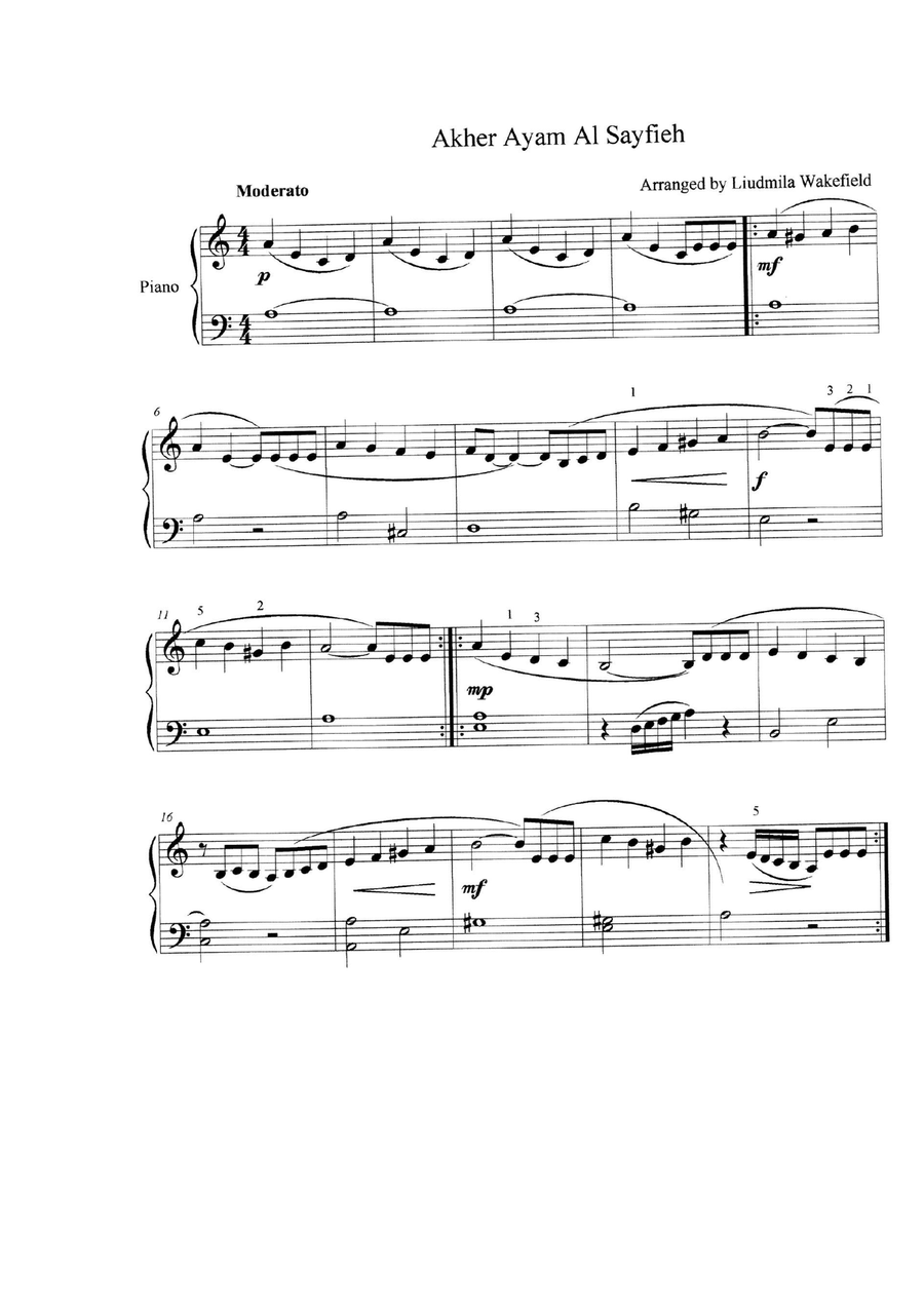 Akher Ayam Al Sayfieh Easy Piano scores gallery preview page 1