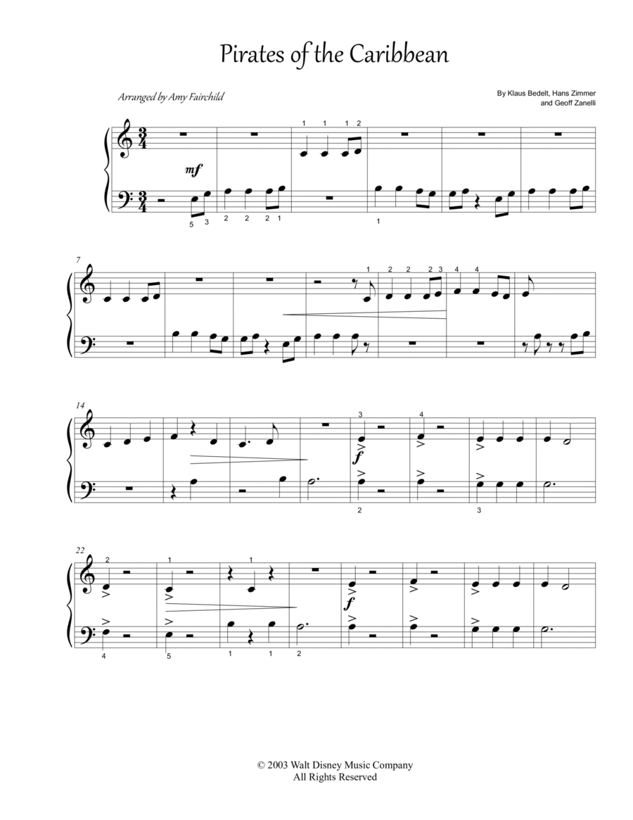 Pirates Of The Caribbean Easy Piano scores gallery preview page 1