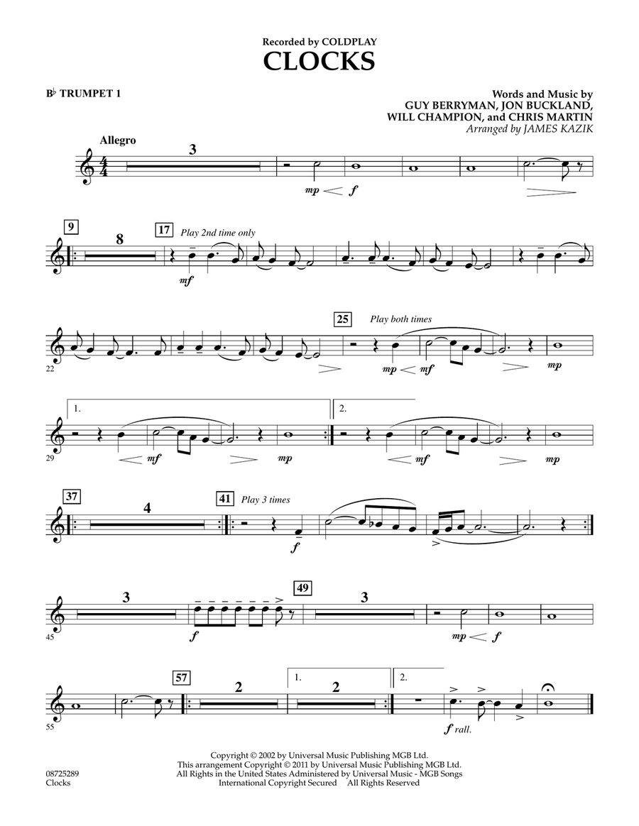 Clocks - Bb Trumpet 1 Clocks - Bb Trumpet 1 Concert Band scores gallery preview page 1