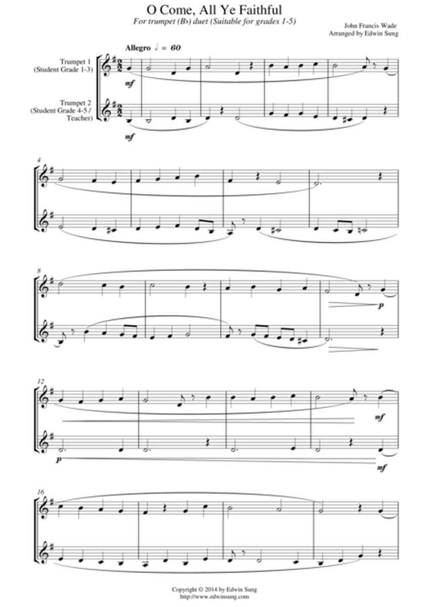 O Come, All Ye Faithful (for trumpet (Bb) duet, suitable for grades 1-5) image number null
