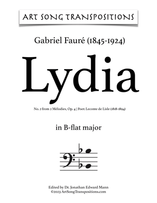 Book cover for FAURÉ: Lydia, Op. 4 no. 2 (transposed to B-flat major, bass clef)