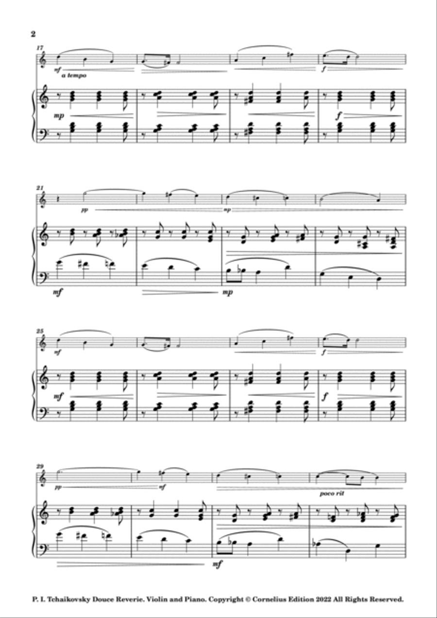 Tchaikovsky Opus 39 No. 21 Album for the Young. Douce Reverie (Sweet Dreams) Violin and Piano Violin Solo scores gallery preview page 2
