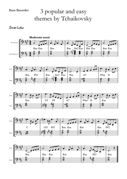 3 popular and easy themes by Tchaikovsky with accompaniment and chord symbols for Bass Recorder image number null