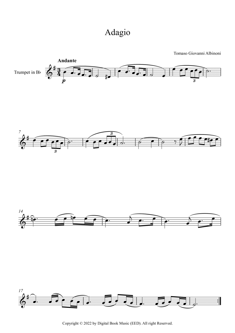 Adagio (In G Minor) - Tomaso Giovanni Albinoni (Trumpet) B-Flat Trumpet scores gallery preview page 1