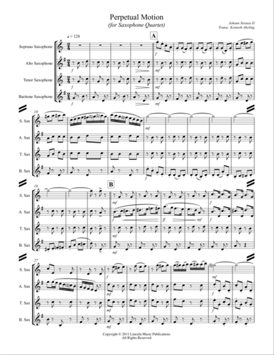 Strauss II - Perpetual Motion (for Saxophone Quartet SATB) Saxophone Quartet scores gallery preview page 2