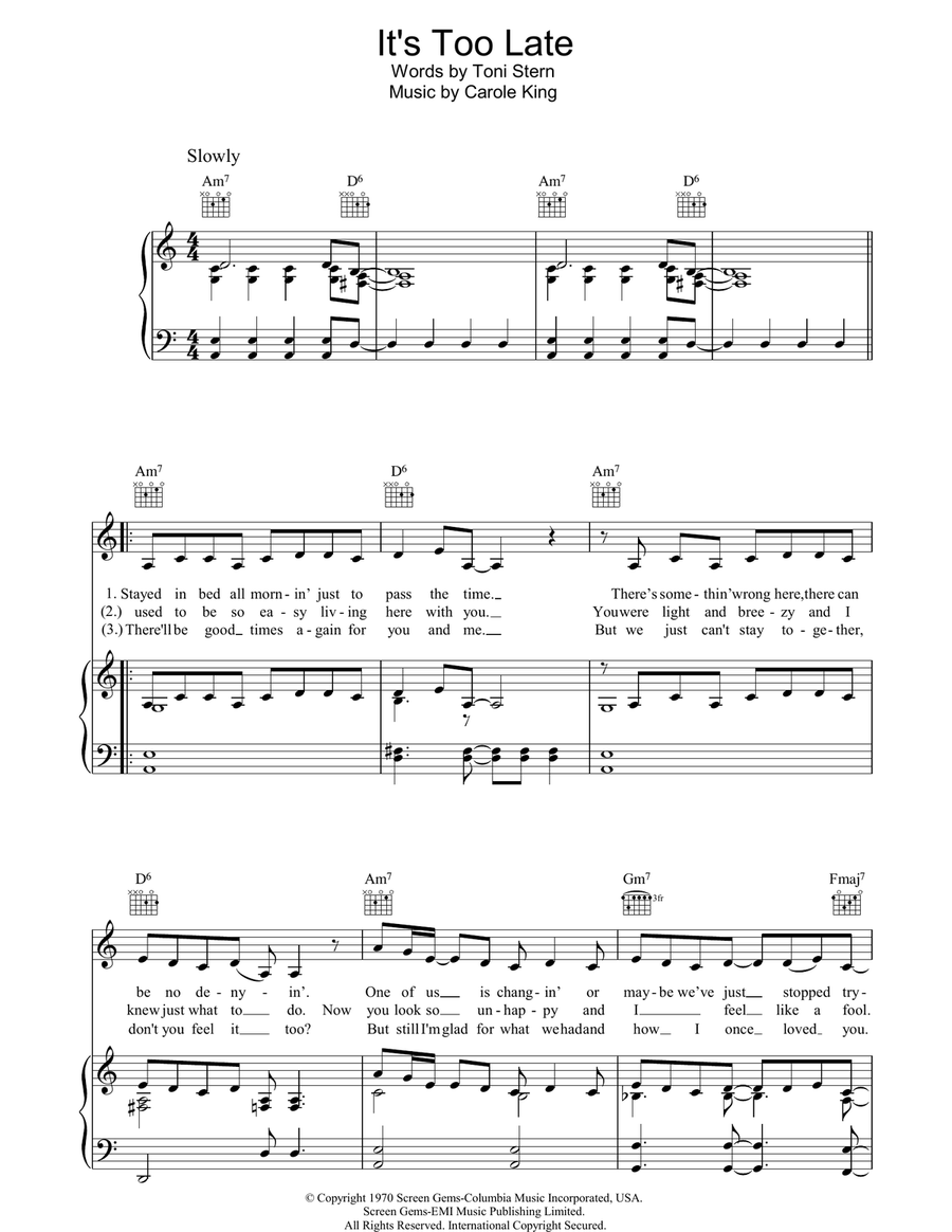 It's Too Late Piano, Vocal, Guitar scores gallery preview page 1