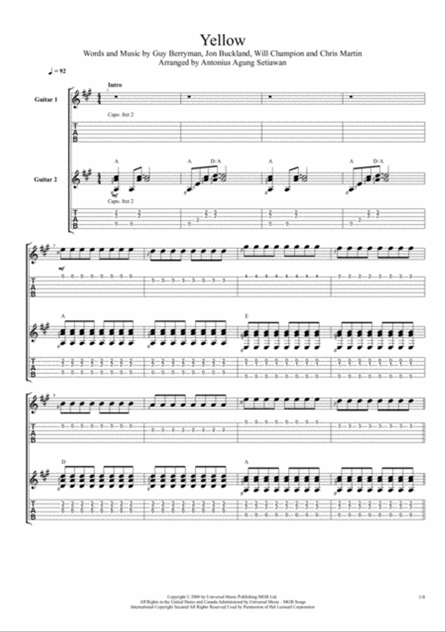 Yellow Guitar Tablature scores gallery preview page 1