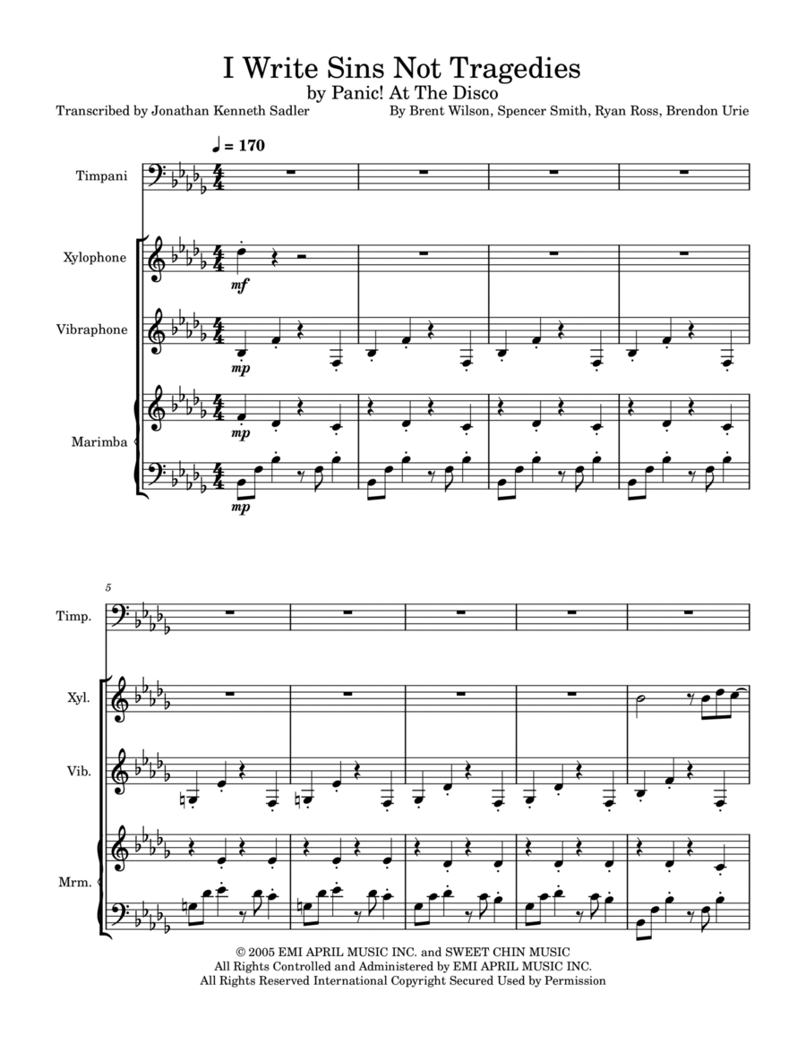 I Write Sins Not Tragedies Percussion Ensemble scores gallery preview page 1