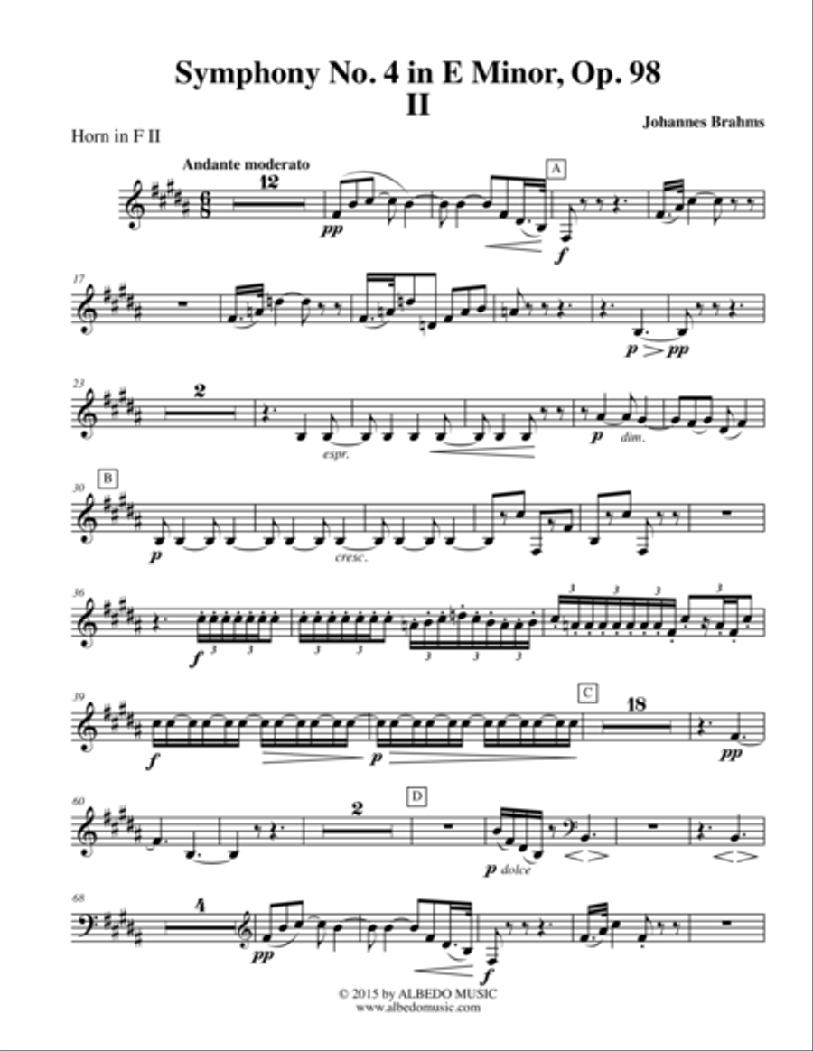 Brahms Symphony No. 4, Movement II - Horn in F 2 (Transposed Part), Op. 98 Horn Solo scores gallery preview page 1