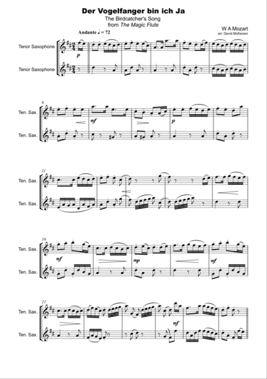 The Birdcatcher's Song, from The Magic Flute, Tenor Saxophone Duet Woodwind Duet scores gallery preview page 2