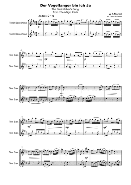 The Birdcatcher's Song, from The Magic Flute, Tenor Saxophone Duet