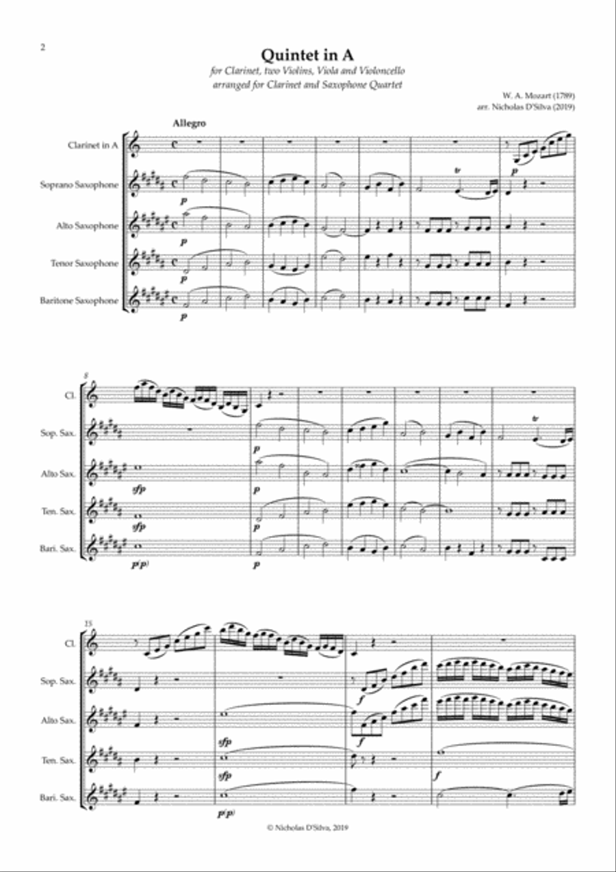 W. A. Mozart - Clarinet Quintet in A arranged for clarinet and saxophone quartet Clarinet Quintet scores gallery preview page 3