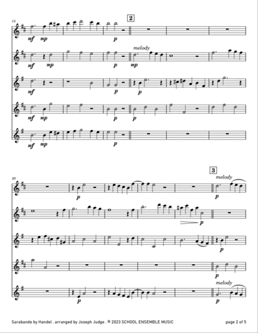 Sarabande by Handel for Saxophone Quartet in Schools Saxophone Quartet scores gallery preview page 2