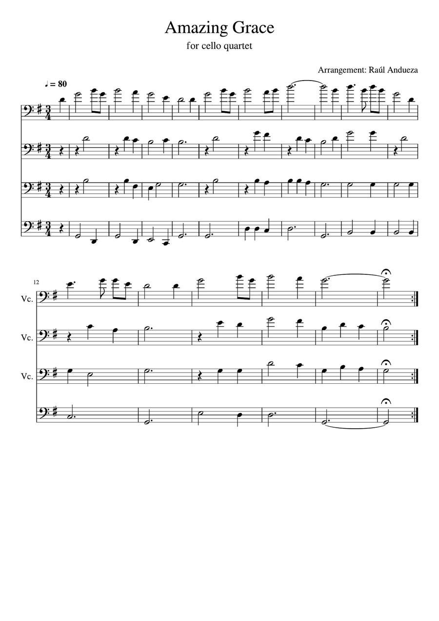 Amazing Grace (cello quartet) String Orchestra scores gallery preview page 1