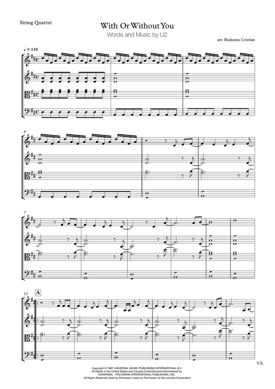 With Or Without You String Quartet scores gallery preview page 1