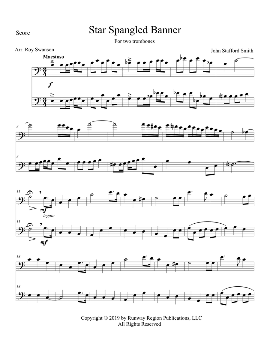 Star Spangled Banner for two trombones Trombone Duet scores gallery preview page 1
