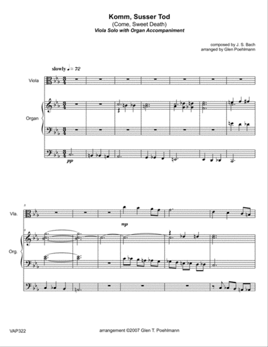 KOMM, SUSSER TOD (J.S. Bach BWV478) - VIOLA SOLO with Organ Accompaniment String Duet scores gallery preview page 1