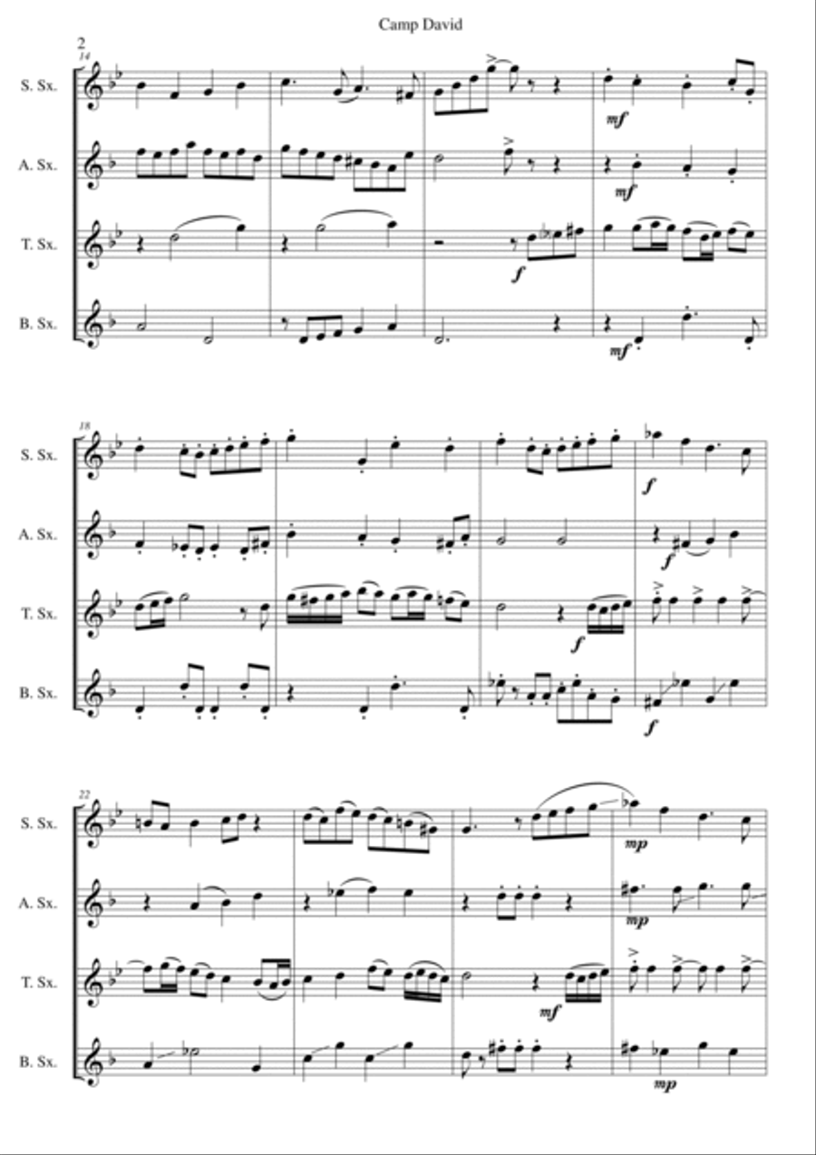 Camp David for saxophone quartet Saxophone Quartet scores gallery preview page 2