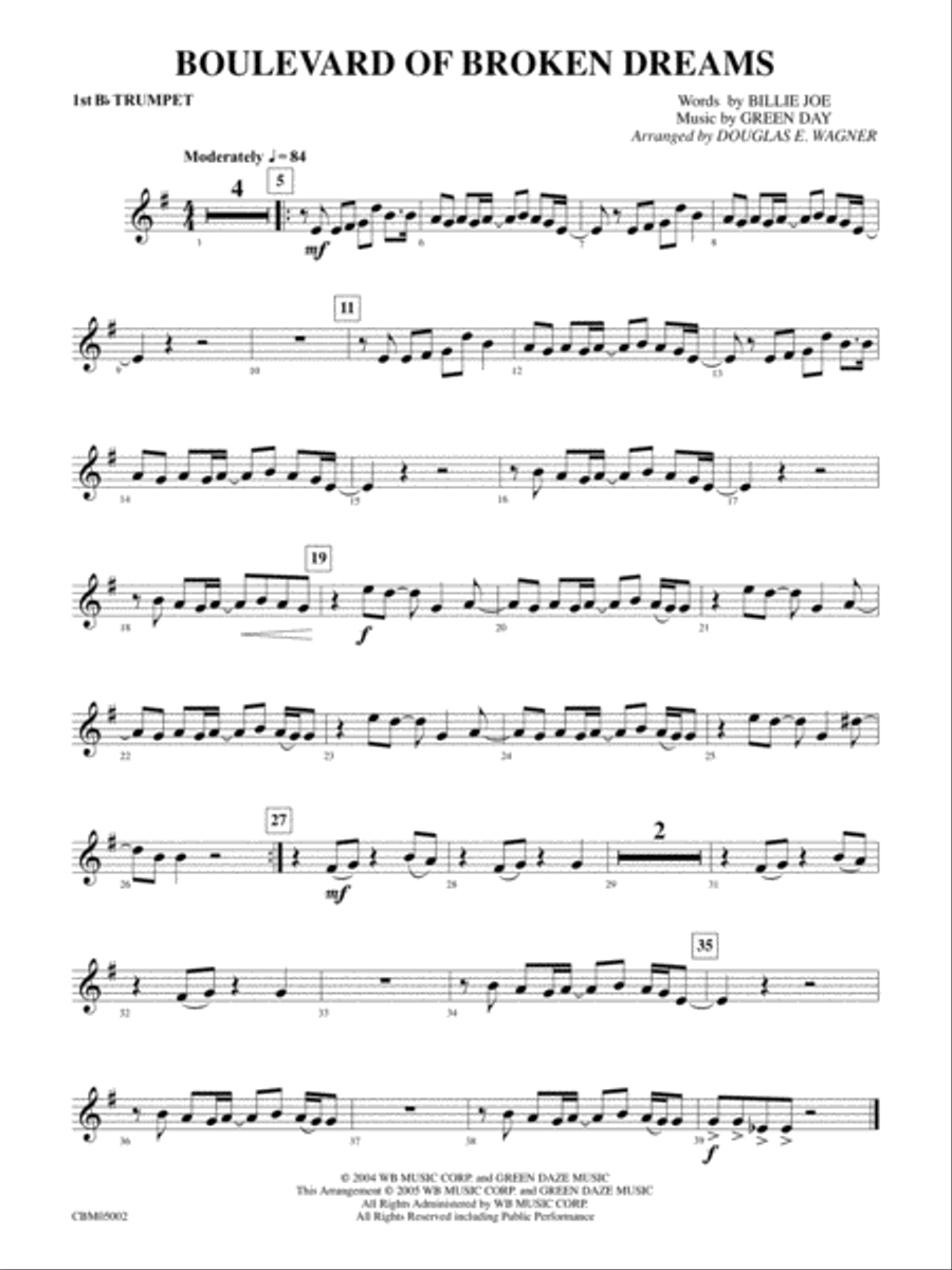 Boulevard of Broken Dreams: 1st B-flat Trumpet Concert Band scores gallery preview page 1