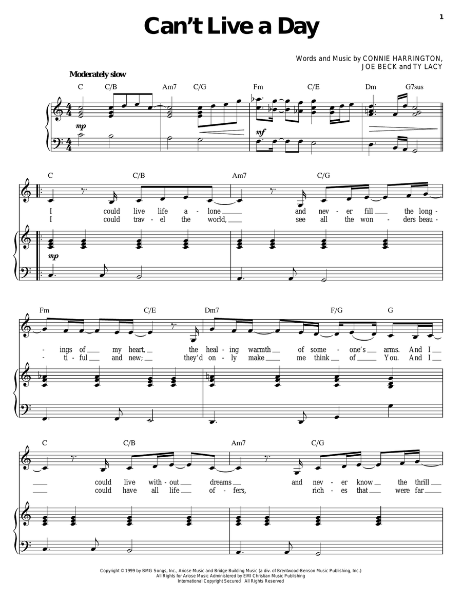Can't Live A Day Piano, Vocal scores gallery preview page 1