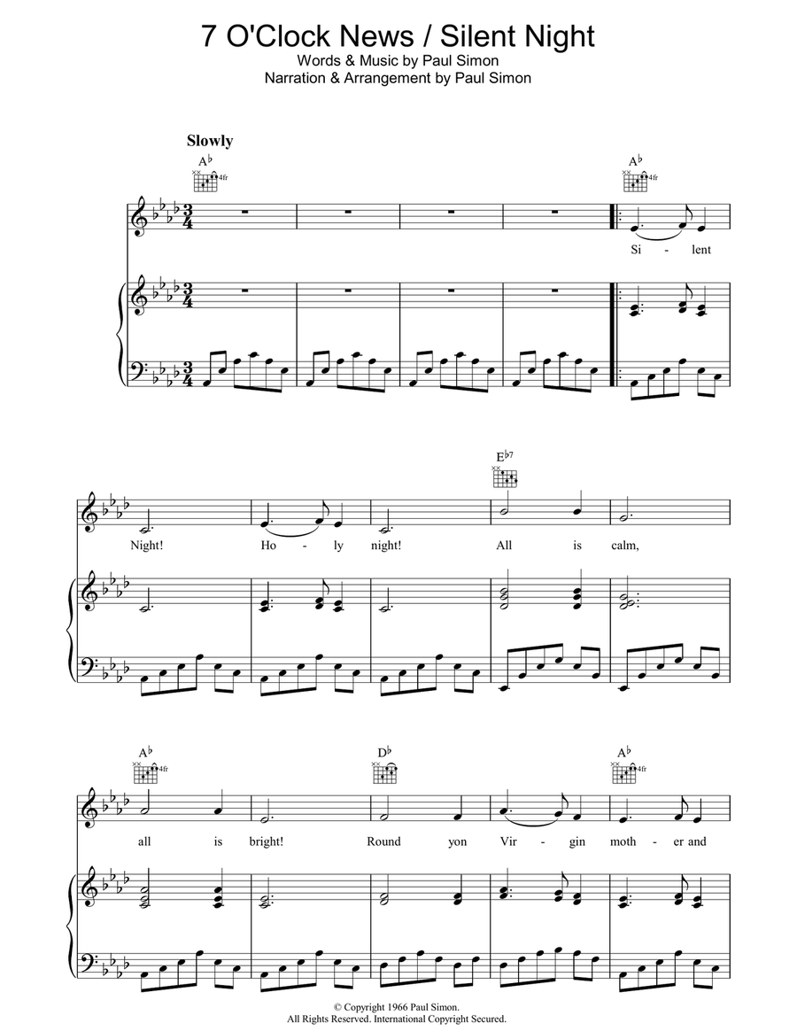 7 O'Clock News/Silent Night Piano, Vocal, Guitar scores gallery preview page 1