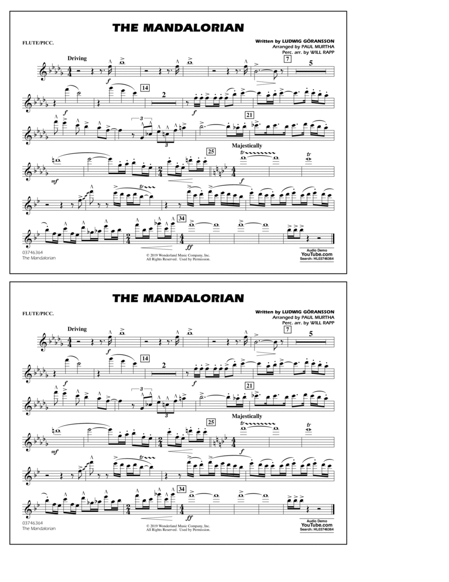 The Mandalorian (from Star Wars: The Mandalorian) (arr. Paul Murtha) - Flute/Piccolo Marching Band scores gallery preview page 1