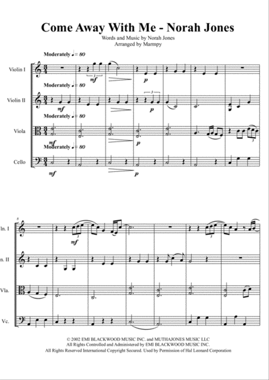 Come Away With Me String Quartet scores gallery preview page 1
