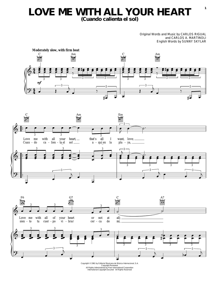 Love Me With All Your Heart (Cuando Calienta El Sol) Piano, Vocal, Guitar scores gallery preview page 1