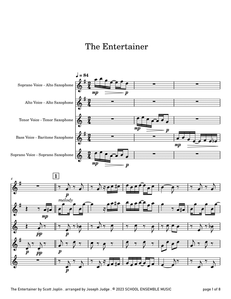 The Entertainer by Scott Joplin for Saxophone Quartet in Schools Saxophone Quartet scores gallery preview page 1