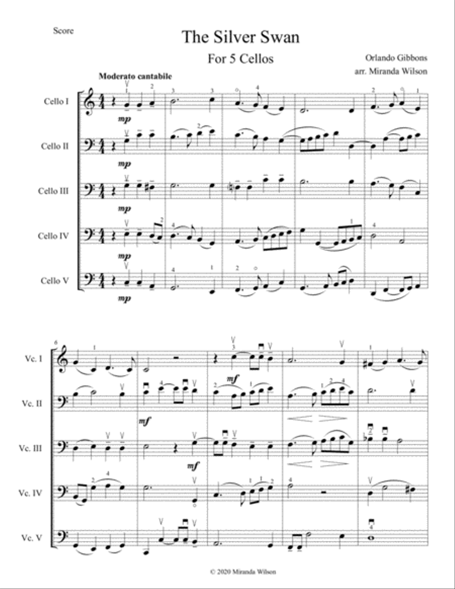 Orlando Gibbons The Silver Swan for 5 Cellos String Quintet scores gallery preview page 1