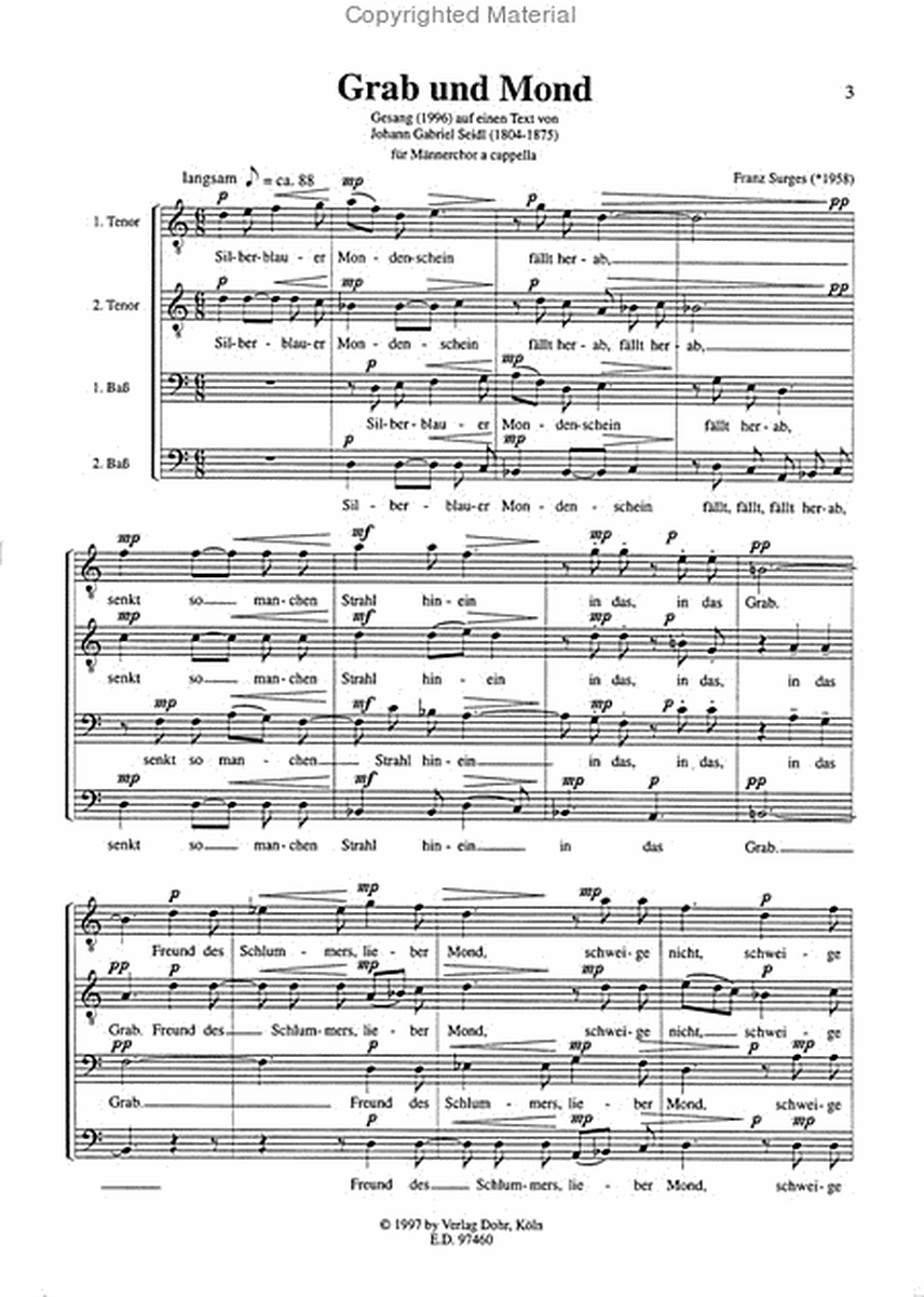 Grab und Mond für Männerchor a cappella (1996) (Text von Johann Gabriel Seidl)