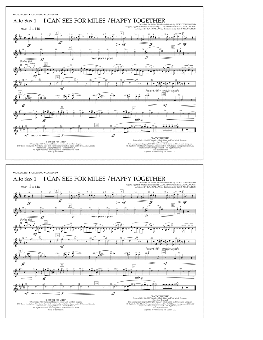 I Can See for Miles/Happy Together - Alto Sax 1 Marching Band scores gallery preview page 1