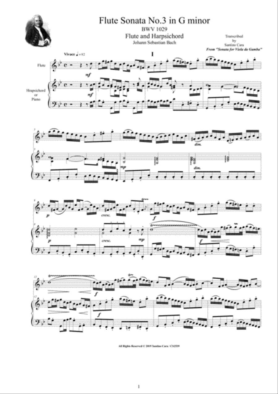 Bach - Flute Sonata No.3 in G minor BWV 1029 for Flute and Harpsichord (or Piano) Flute Solo scores gallery preview page 1