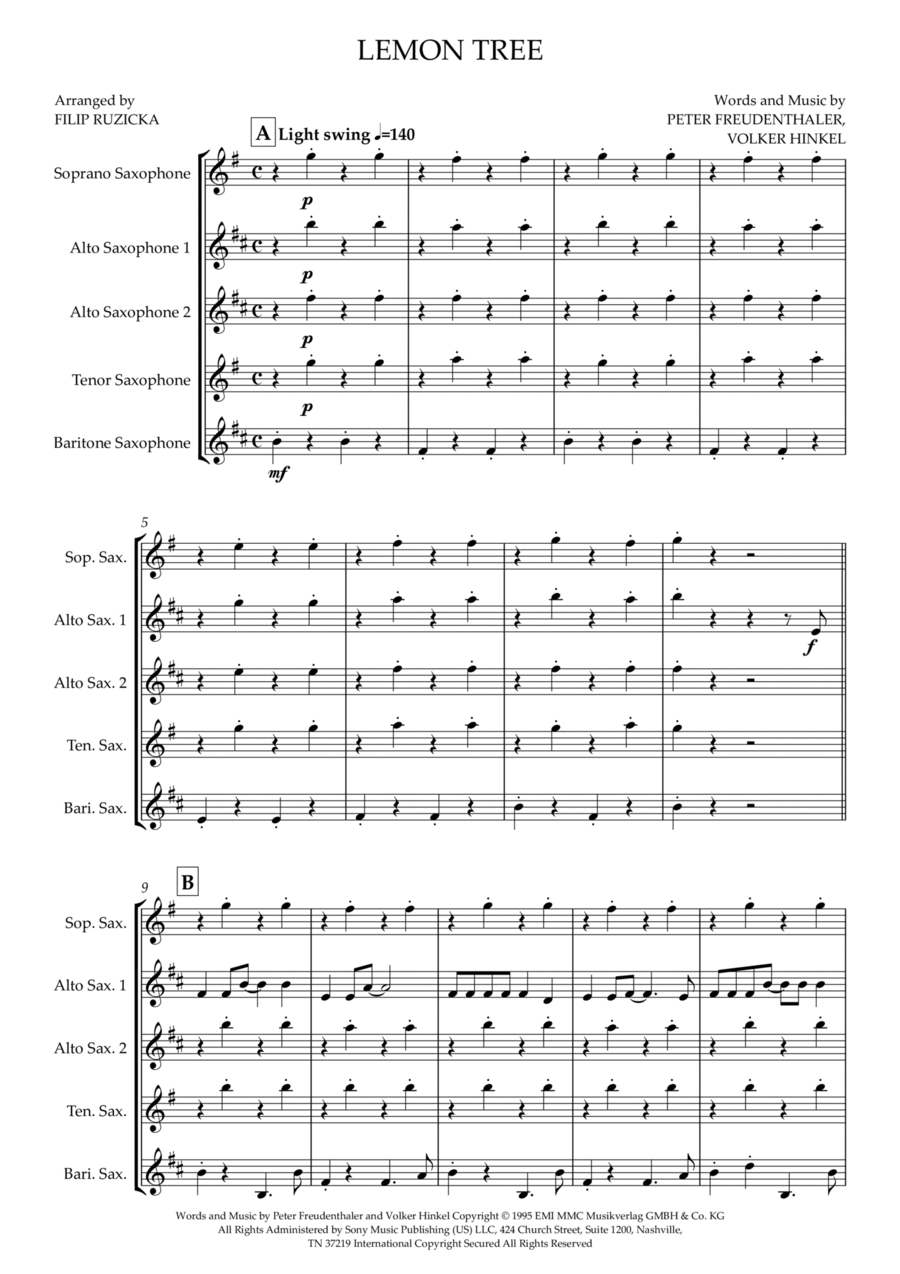 Lemon Tree Saxophone Quintet scores gallery preview page 1