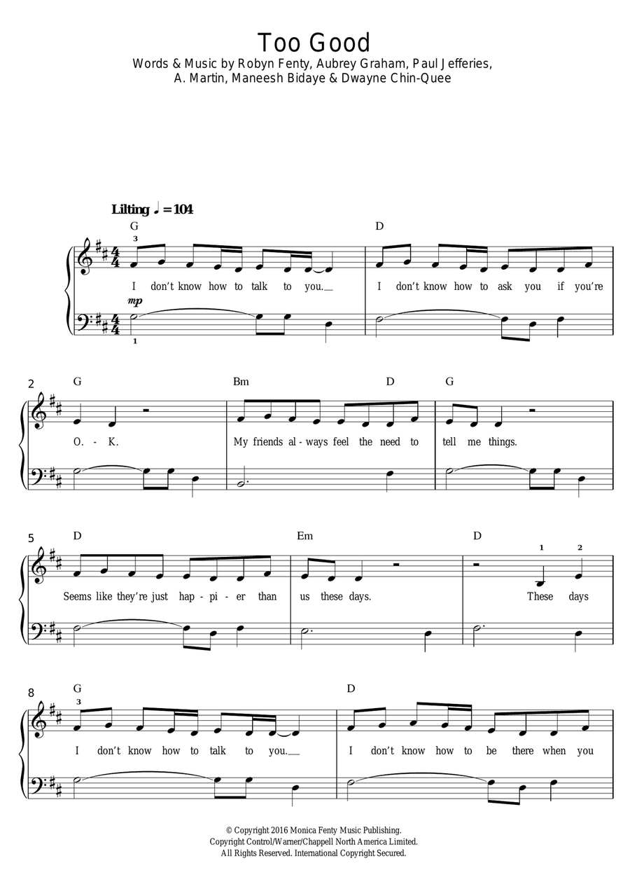 Too Good (featuring Rihanna) Piano, Vocal scores gallery preview page 1