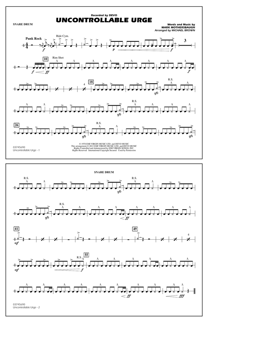Uncontrollable Urge - Snare Drum Marching Band scores gallery preview page 1