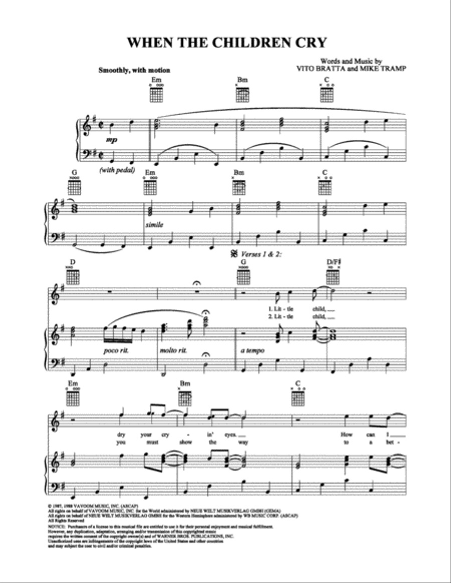 When The Children Cry Piano, Vocal, Guitar scores gallery preview page 1