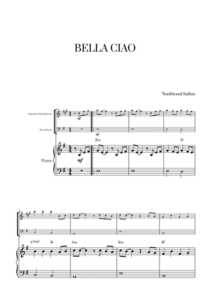 Bella Ciao with chords for Soprano Saxophone, Trombone and Piano image number null