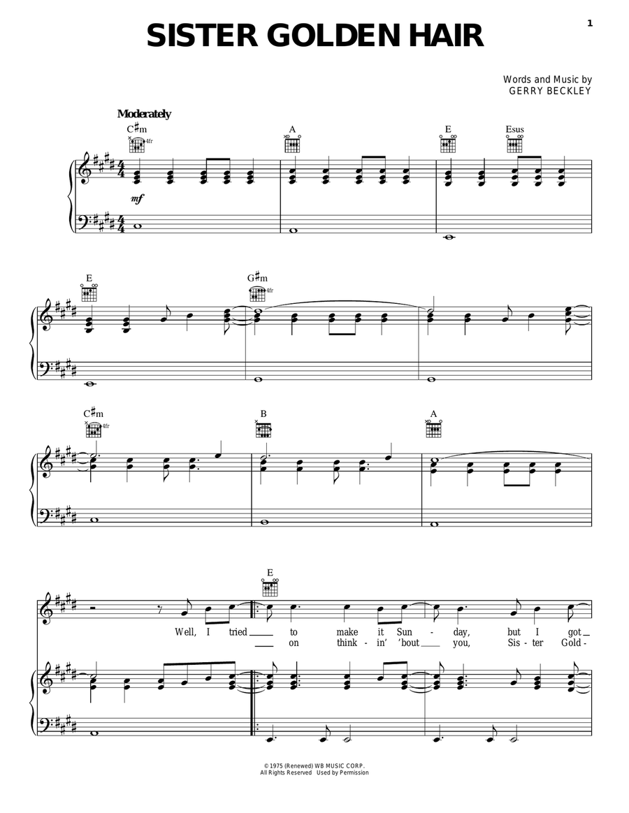 Sister Golden Hair Sister Golden Hair Piano, Vocal, Guitar scores gallery preview page 1