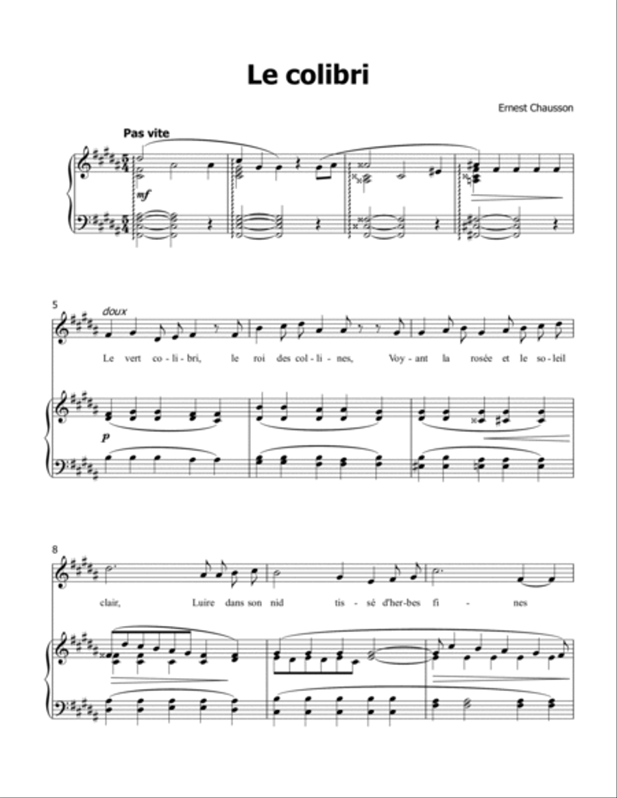 Le colibri, by Chausson, in B Major Voice scores gallery preview page 3