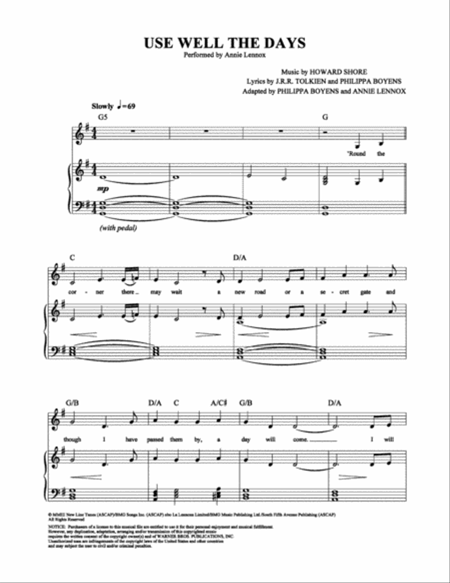 Use Well the Days Piano, Vocal, Guitar scores gallery preview page 1