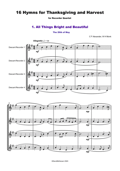 16 Favourite Hymns for Thanksgiving and Harvest, for Descant/Soprano Recorder Quartet