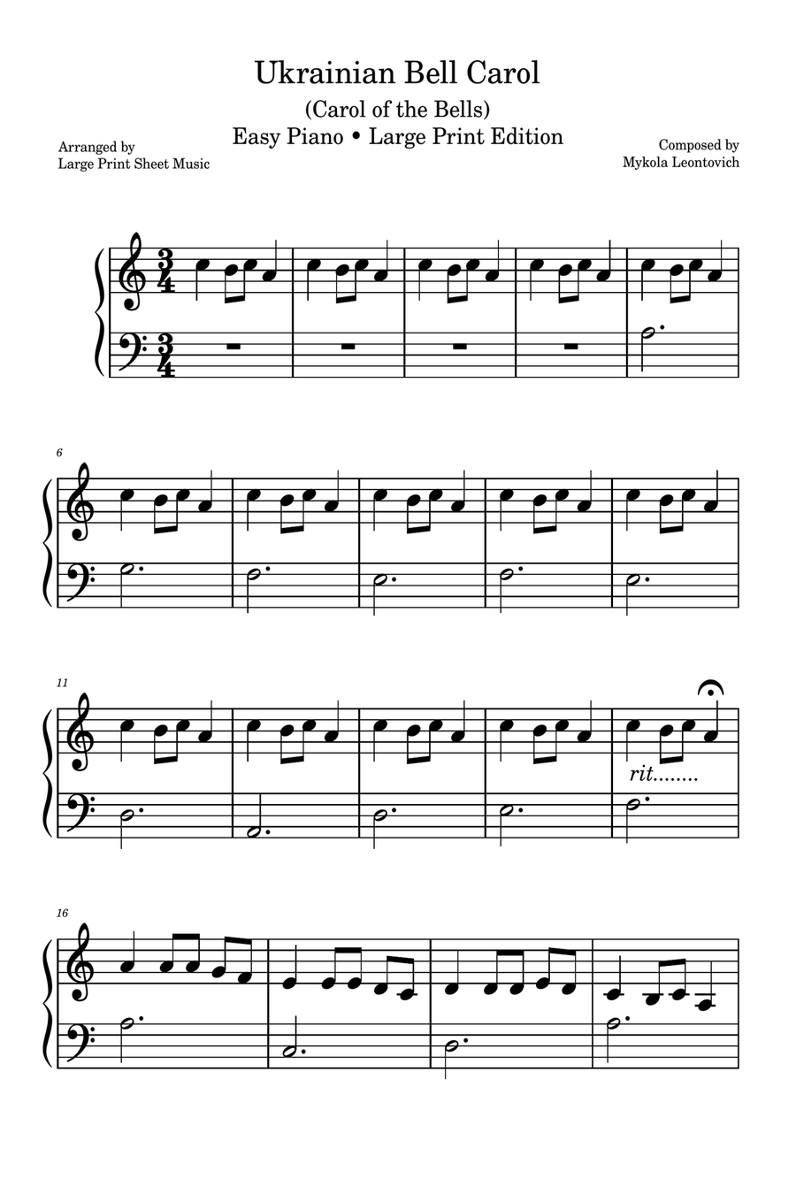 Ukrainian Bell Carol • LARGE PRINT • Easy Piano Easy Piano scores gallery preview page 1