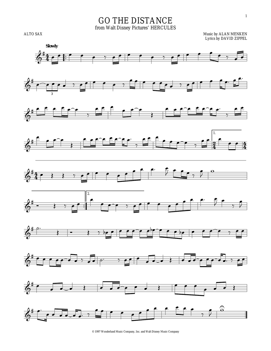 Go The Distance (from Hercules) Alto Saxophone scores gallery preview page 1