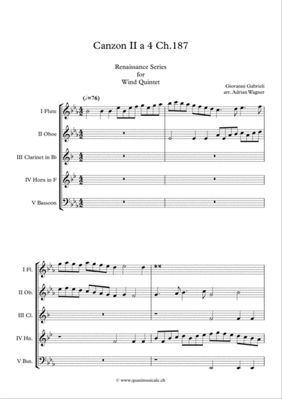 Canzon II a 4 Ch.187 (Giovanni Gabrieli) Wind Quintet arr. Adrian Wagner Woodwind Quintet scores gallery preview page 2