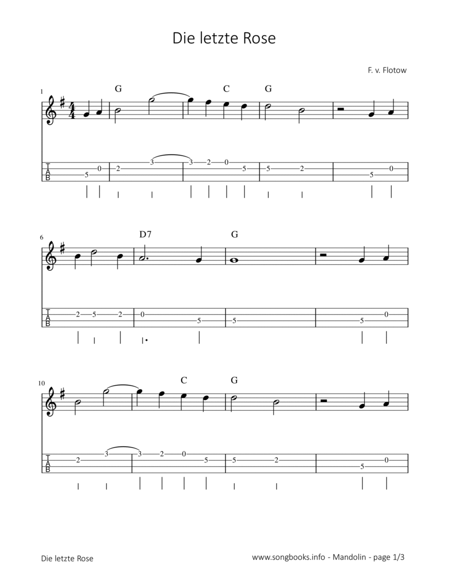 Die letzte Rose - F. v. Flotow Mandolin scores gallery preview page 1
