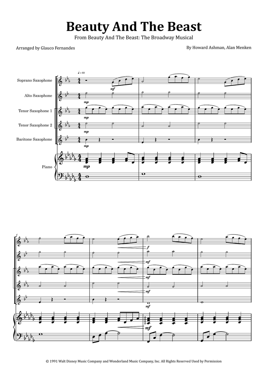 Beauty And The Beast Saxophone Quintet scores gallery preview page 1