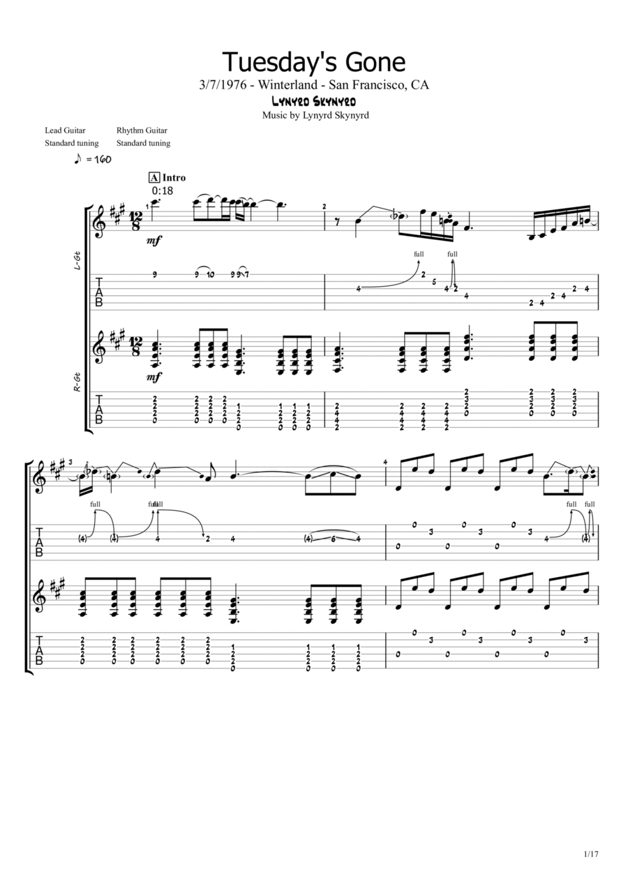 Tuesday's Gone Guitar Tablature scores gallery preview page 1
