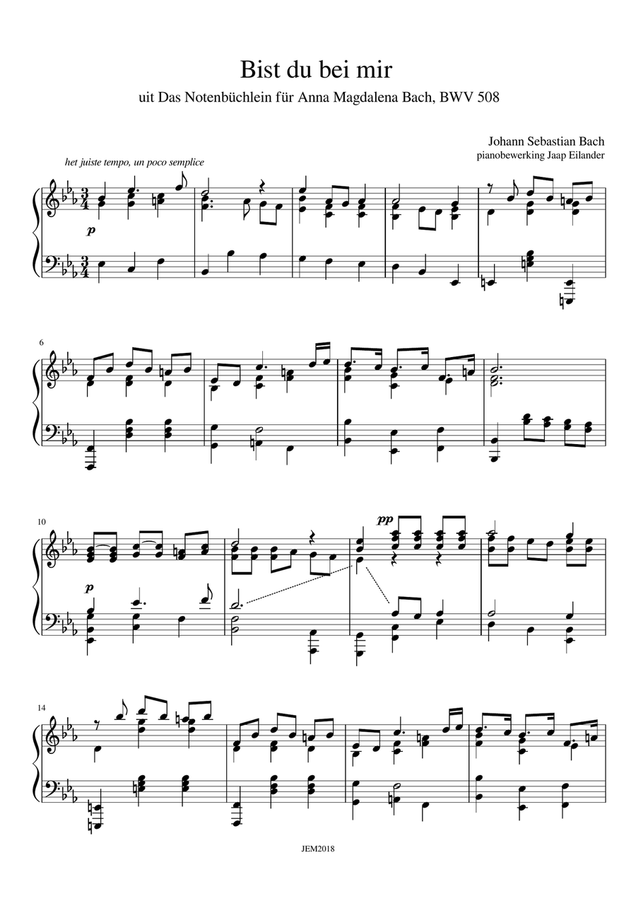 J. S. Bach, Bist du bei Mir, arrangment / transcription for piano by Jaap Eilander Piano Solo scores gallery preview page 1